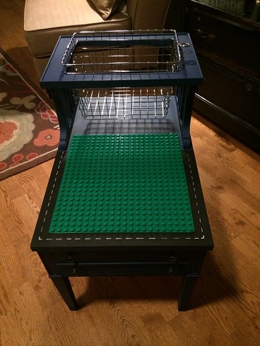 DIY Lego table. Used liquid nails to glue Lego base to old end table that  we spray painted. Made a road around the bo…