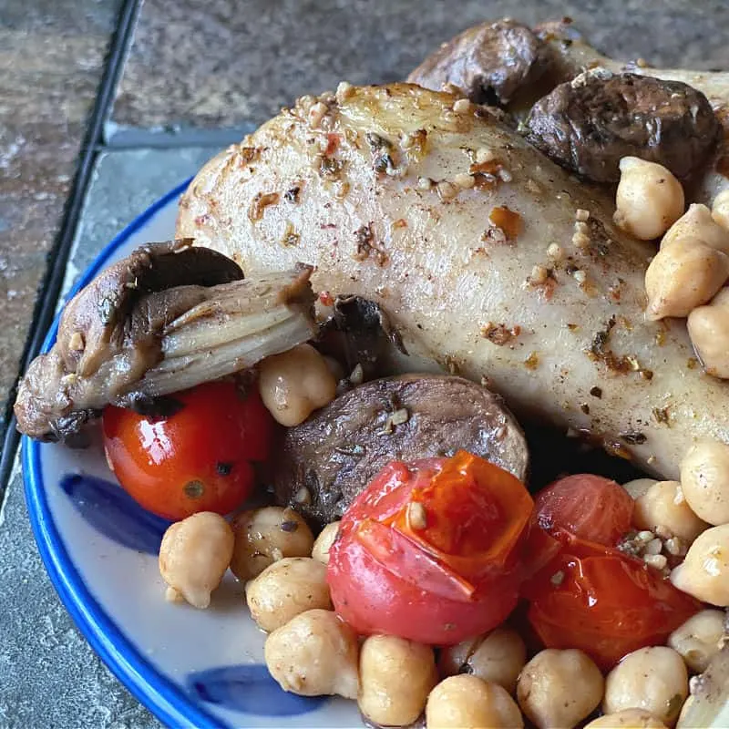 finished chicken, tomatoes, mushrooms, and chickpeas
