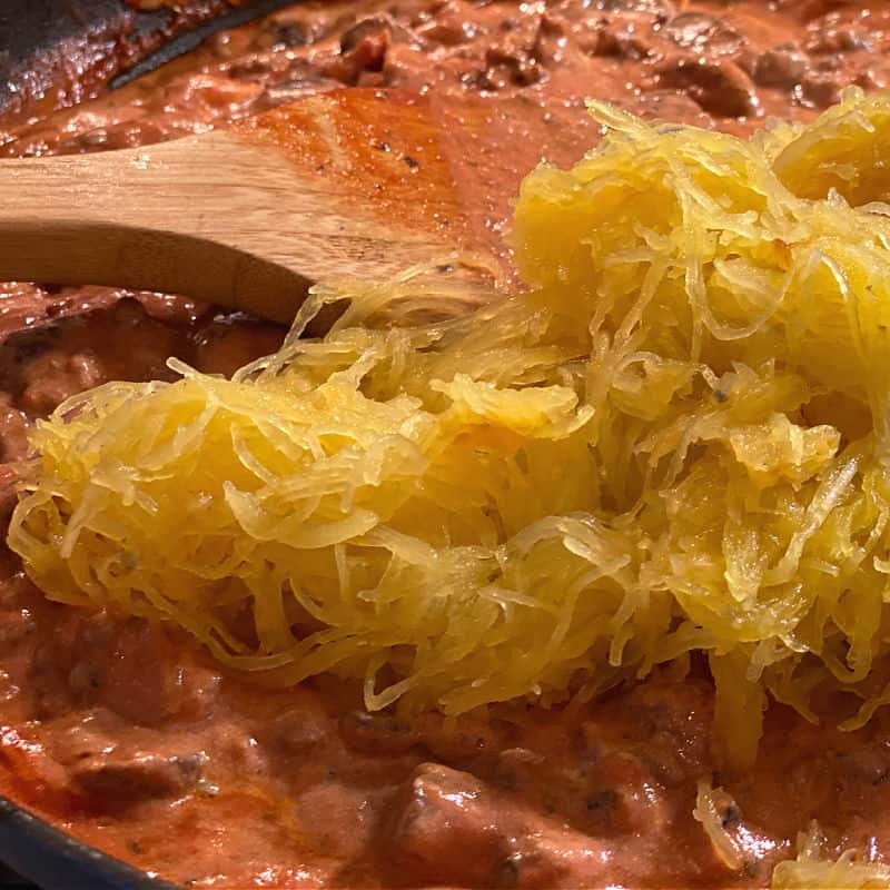 add spaghetti squash to sauce in skillet