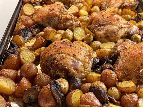 Sheet Pan Chicken Thighs with Potatoes & Mushrooms