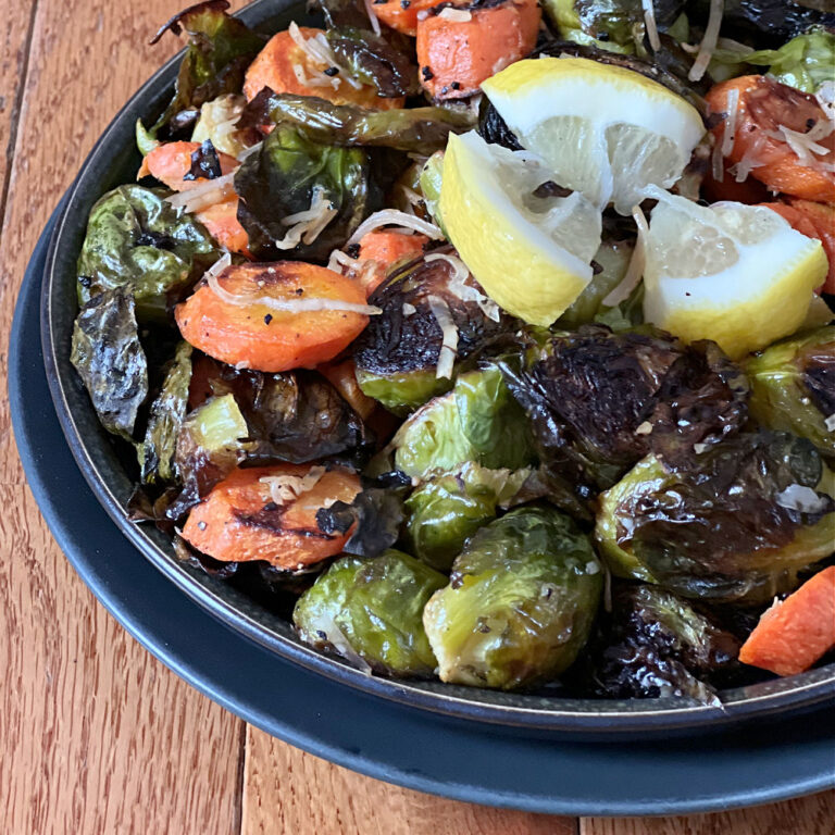 Lemon Parmesan Roasted Brussels Sprouts & Carrots